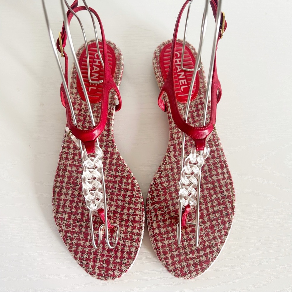 Chanel Red Tweed PVC CC Chain Thong Sandals Size EU 41
